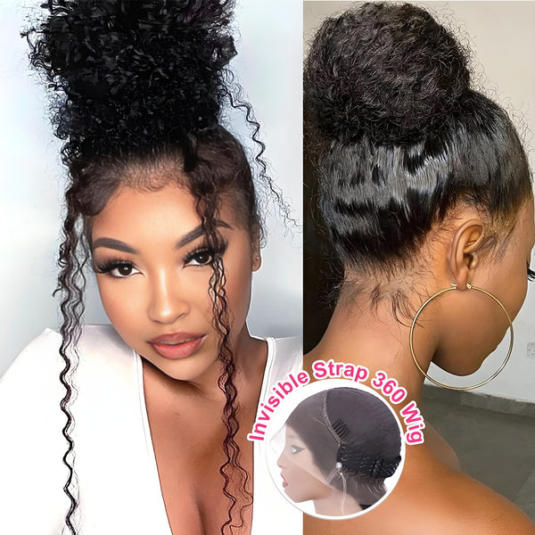 Front and rear close-up of model wearing deep wave 360 wig in high bun, showing baby hairs and invisible strap lace detail.