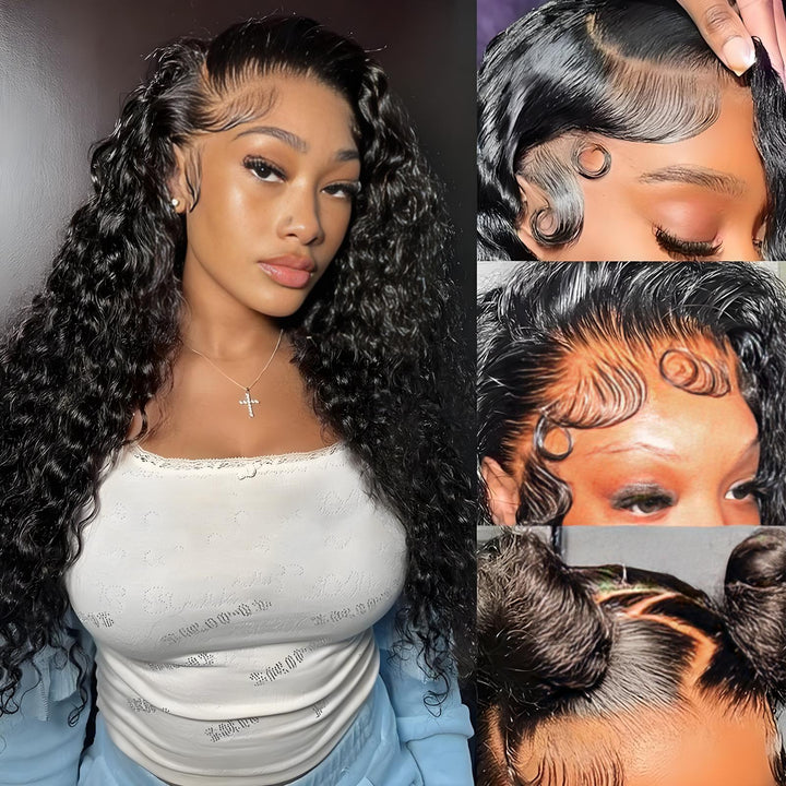Close-up collage showing deep wave lace wig with styled baby hairs and defined parting for natural hairline effect.