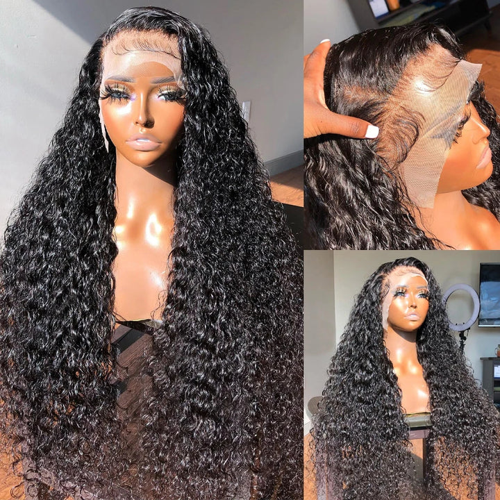 HD lace deep wave wig displayed on mannequin under sunlight, showcasing transparency and pre-plucked front.