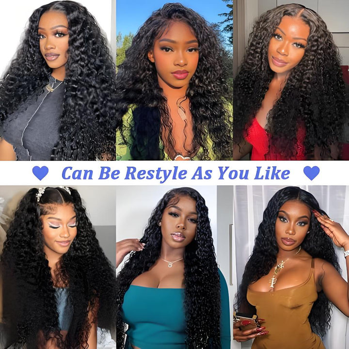 Collage showing different hairstyles of deep wave wig worn by models, highlighting restyling versatility.