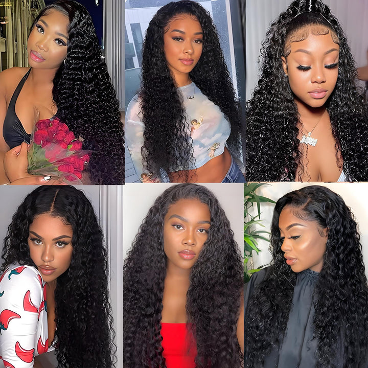 Gallery of six different models wearing deep wave wig in various styles, showing natural texture and fit.