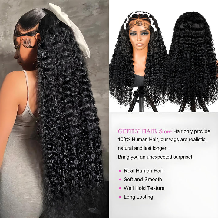 Side view of model wearing EuxmeHair deep wave wig in natural color, styled with ribbon, showing full volume and natural shine.