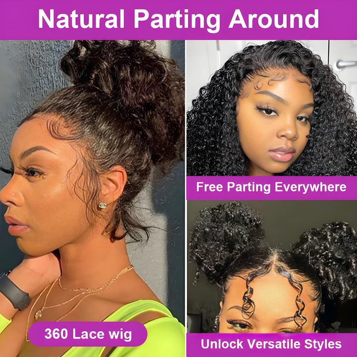 360 lace wig shown with natural parting and versatile styling options including high bun, curly twin buns, and frontal free part.