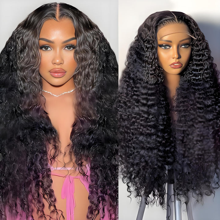 Side-by-side view of deep wave lace wig on mannequin and real model, showing wet-look texture and defined curl pattern.