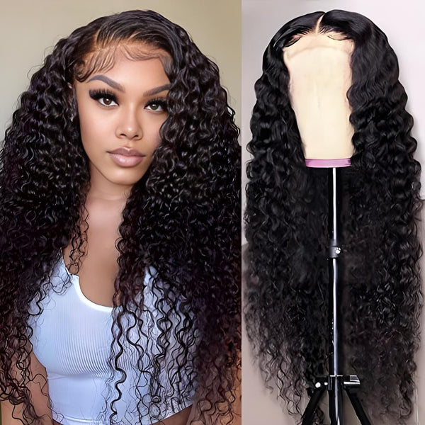 Deep wave wig with 4x4 closure shown on wig stand and worn by model with bleached knots and pre-plucked lace.