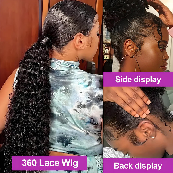 Side and back view of 360 lace deep wave wig styled in ponytail and bun, demonstrating natural parting and smooth edge blending.