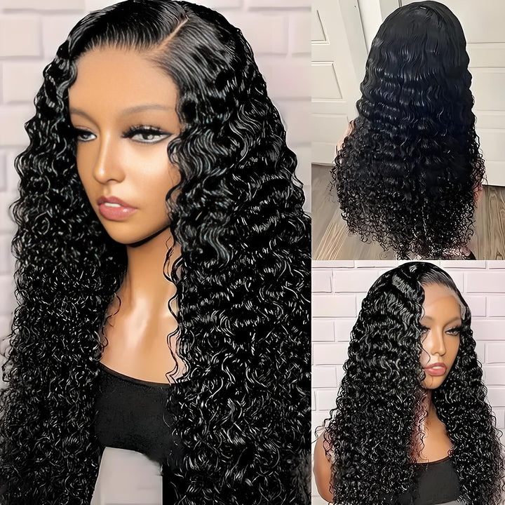 Three-angle view of deep wave wig styled on mannequin, highlighting middle part, side profile, and back curls.