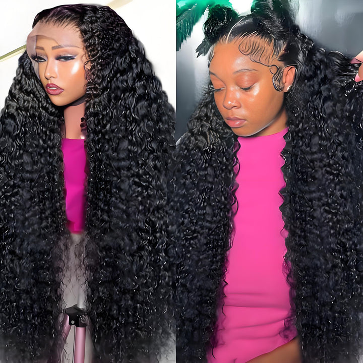 Deep wave wig worn with middle and side parting, shown on mannequin and model with sleek baby hairs and long volume.