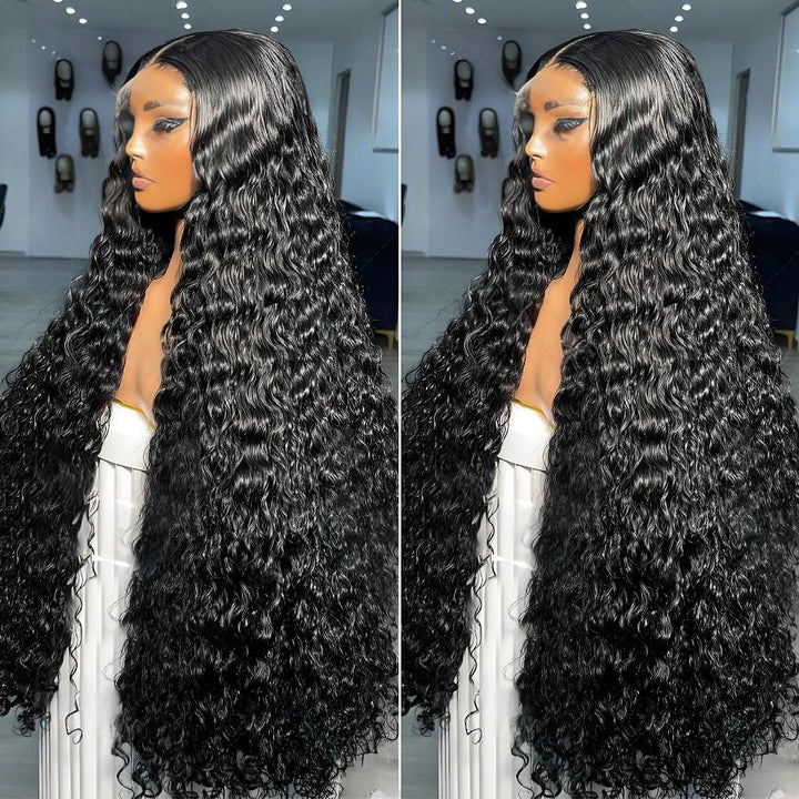 Mannequin showing deep wave wig from both sides with lustrous curls and seamless side part.