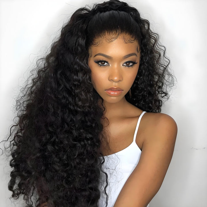 Close-up of model wearing deep wave 360 lace wig in a high half ponytail, showcasing defined curls and realistic hairline.