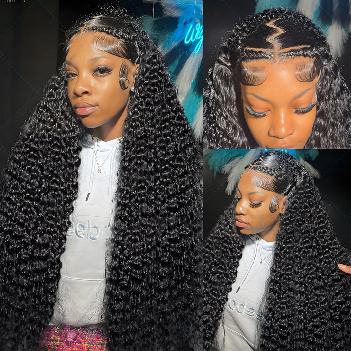 Close-up of braided deep wave wig with detailed baby hairs and HD lace frontal parting.