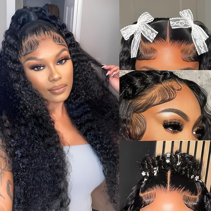 Deep wave wig styled into high ponytail and multiple baby hair looks with close-ups showing hairline detail and versatility.