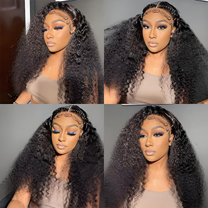 Four-panel layout of deep wave wig with voluminous texture, showing thick ends and detailed baby hair styling.