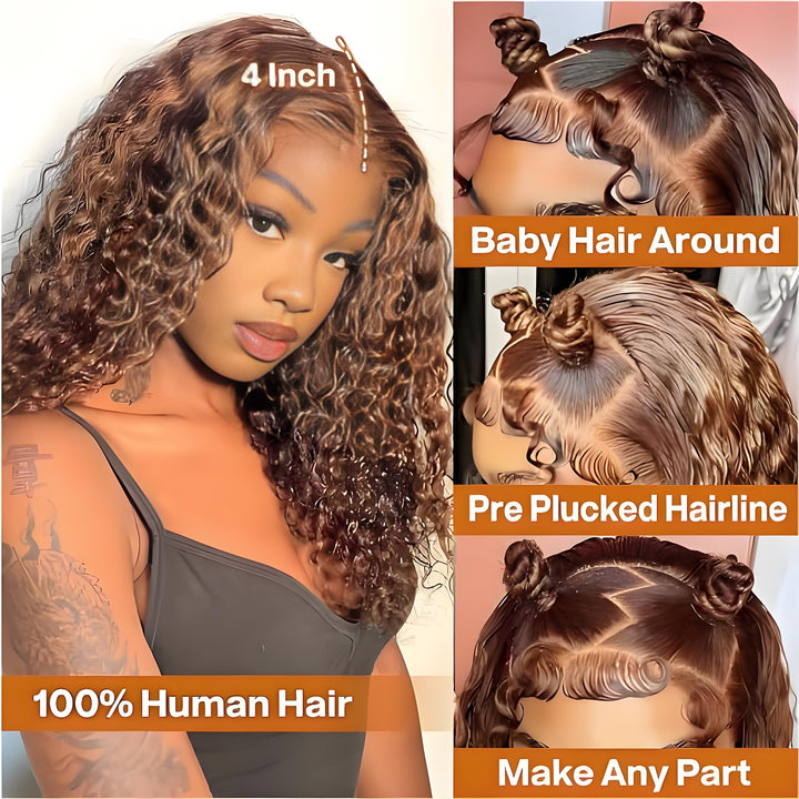 EuxmeHair deep wave bob wig with highlighted ombre color shown with baby hair, pre-plucked hairline, and flexible parting options.