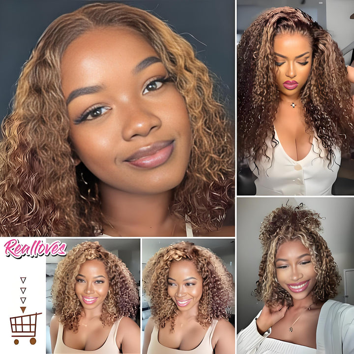 Compilation of customer images featuring deep wave bob wigs in ombre highlights with various styles including half-up and full volume.