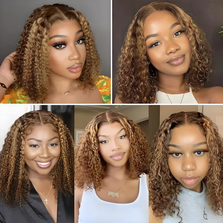 Customer collage showing five models wearing EuxmeHair ombre highlight deep wave bob in middle part with soft bouncy curls.