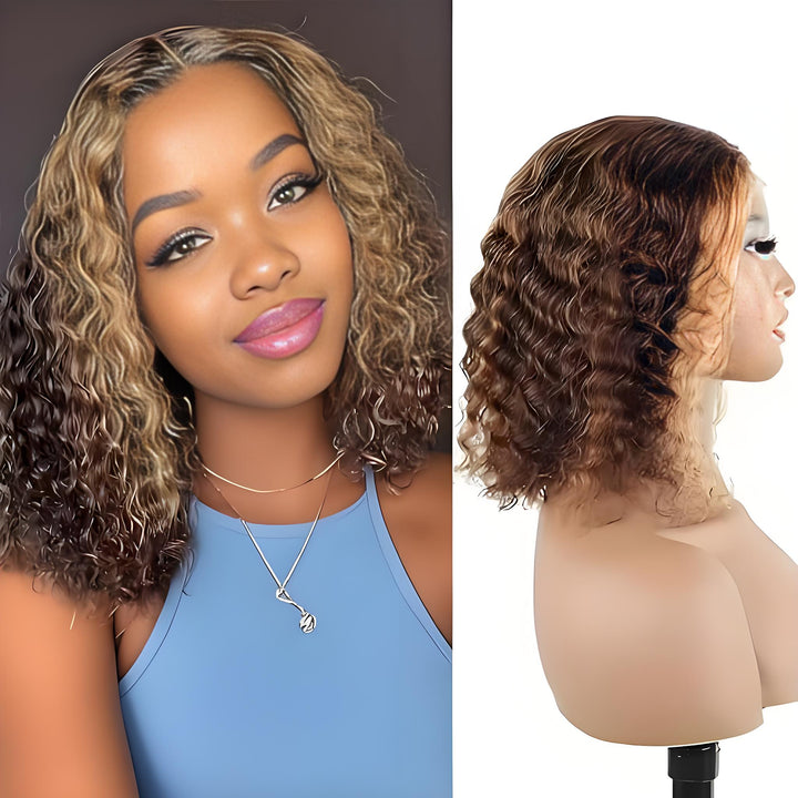 Dual display of model and mannequin wearing the deep wave highlight bob wig, showcasing realistic hairline and curl texture.