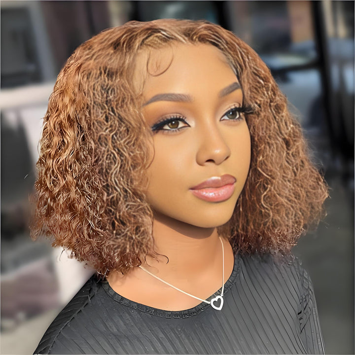 Model in natural lighting showing EuxmeHair ombre highlight bob wig with voluminous curls, natural lace hairline and soft color.