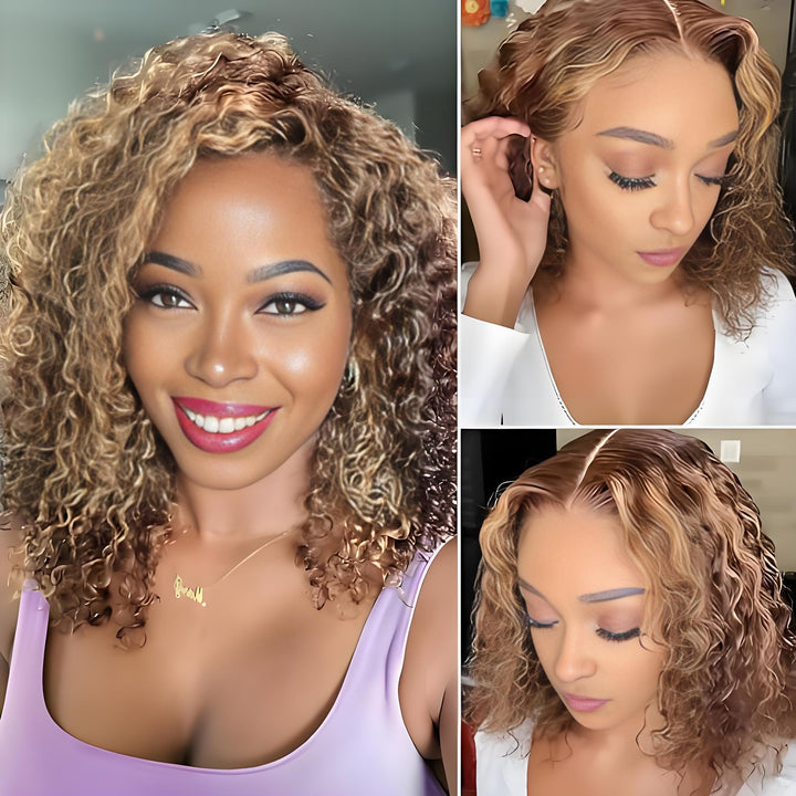Three angles of deep wave bob wig styled in middle part on different models highlighting baby hair, lace blending, and wave pattern.