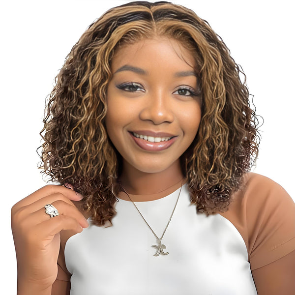 Close-up of model wearing deep wave short bob wig with golden brown highlights styled in loose, defined curls and a side part.