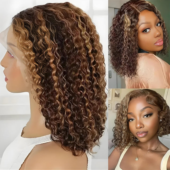 Side views of deep wave bob wig on mannequin and models showing highlighted ombre curls with natural shine and definition.