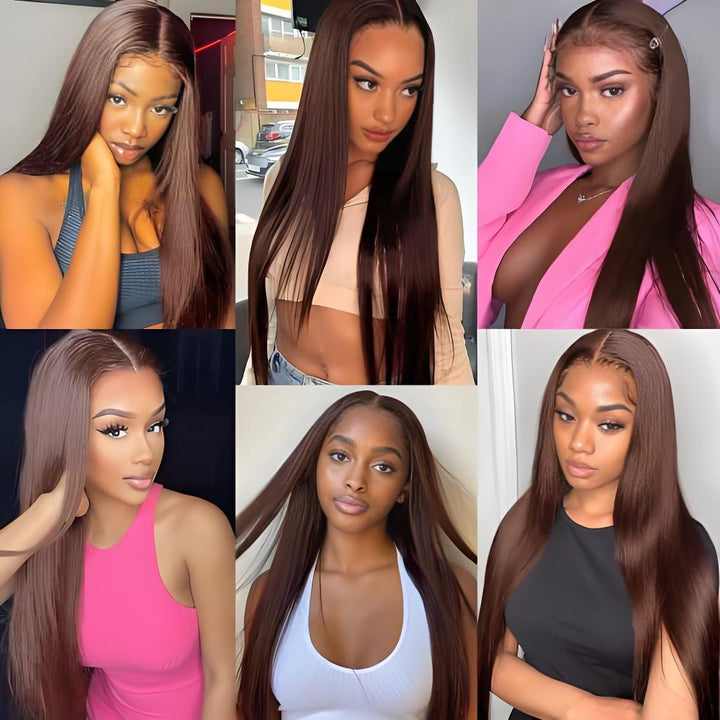 Collage of women wearing center-parted or side-parted straight brown hair, demonstrating versatile and natural-looking styles.