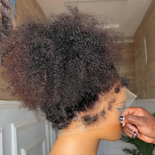 Detailed view of full lace cap construction on natural color afro curly wig, showing ventilation and stitching pattern.