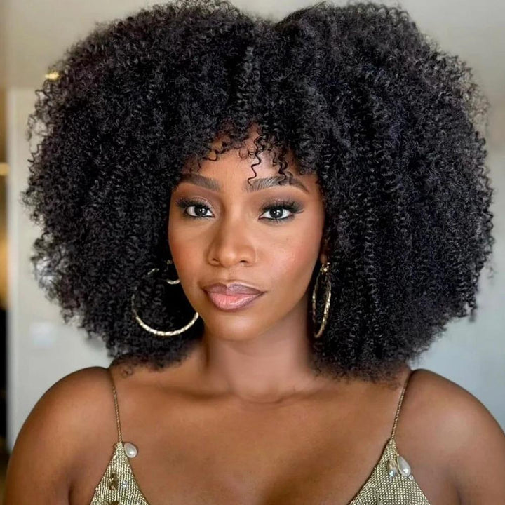 Front and back angles of natural color afro curly full lace wig, showing volume and realistic hair density.