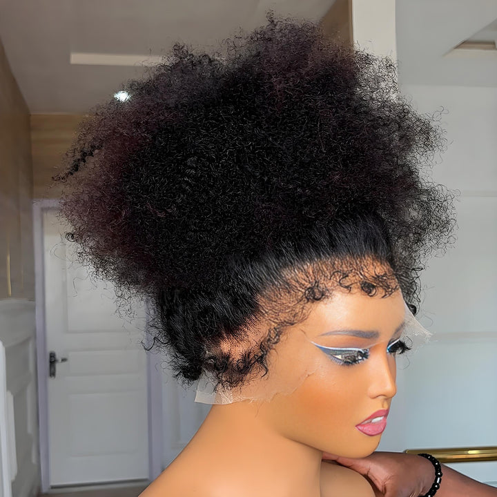 Macro shot of pre-plucked natural hairline on afro curly full lace wig, blending seamlessly with skin.