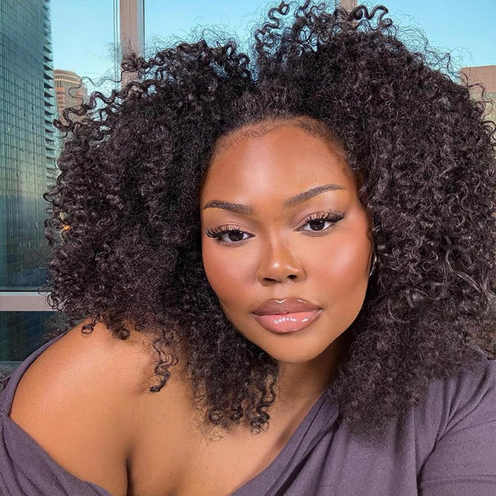 Step-by-step installation process of natural color afro curly full lace wig for a secure and natural fit.