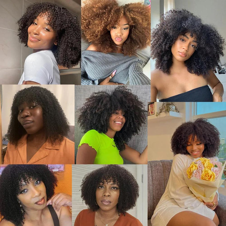 Model wearing natural color afro curly full lace wig, styled with voluminous curls for a bold look.