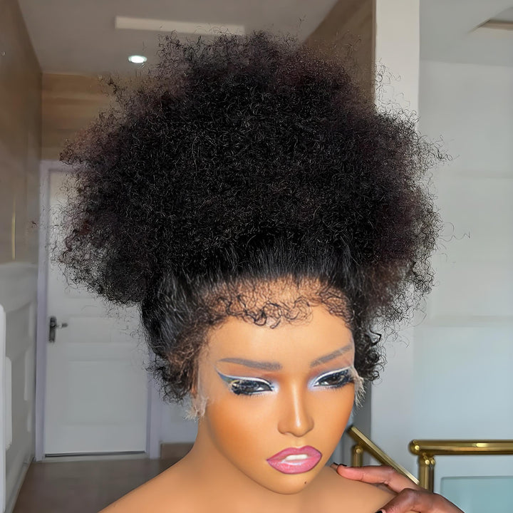 Side profile of natural color afro curly full lace wig, displaying rounded shape and natural bounce.