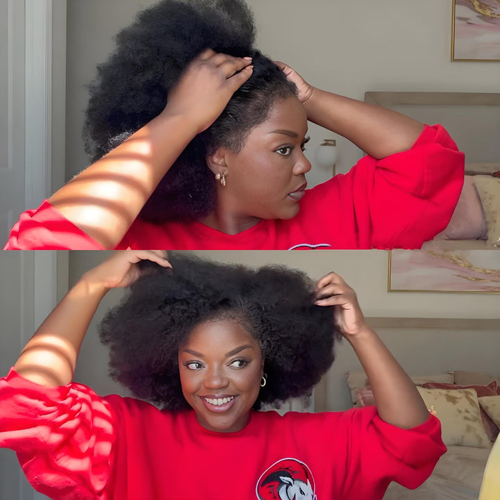 Top-down view of natural color afro curly full lace wig, highlighting full volume and curl density.