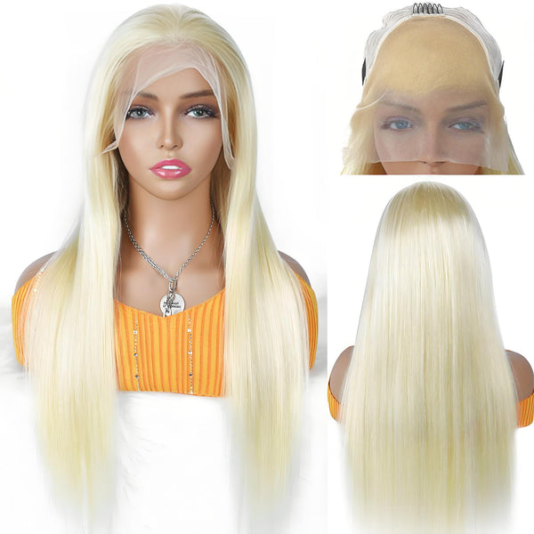 Front and back views of 613 platinum blonde full lace body wave wig, showcasing soft waves and natural movement.