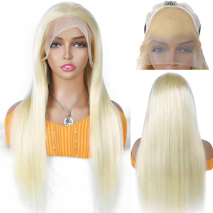 Front and back views of 613 platinum blonde full lace body wave wig, showcasing soft waves and natural movement.