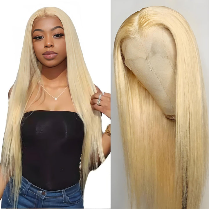 Model wearing 613 platinum blonde full lace body wave wig styled in loose waves for an elegant appearance.