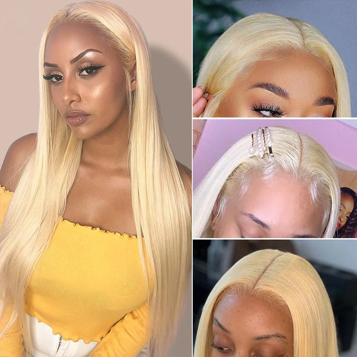 Close-up of pre-plucked natural hairline on 613 platinum blonde full lace body wave wig for a realistic finish.