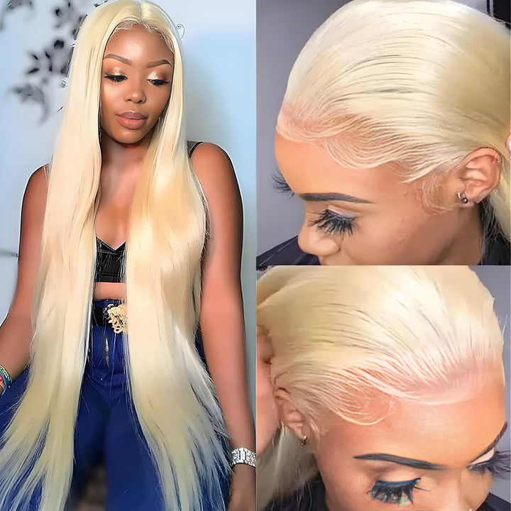 Side profile of 613 platinum blonde full lace body wave wig, highlighting cascading curls and silky texture.