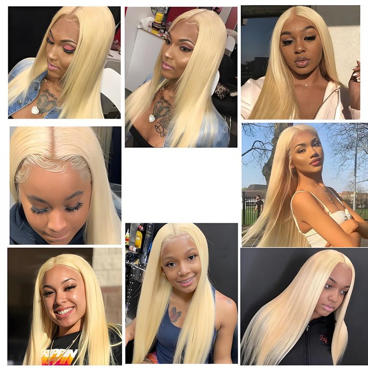 Close-up of body wave texture on 613 platinum blonde full lace wig, showing softness and shine.