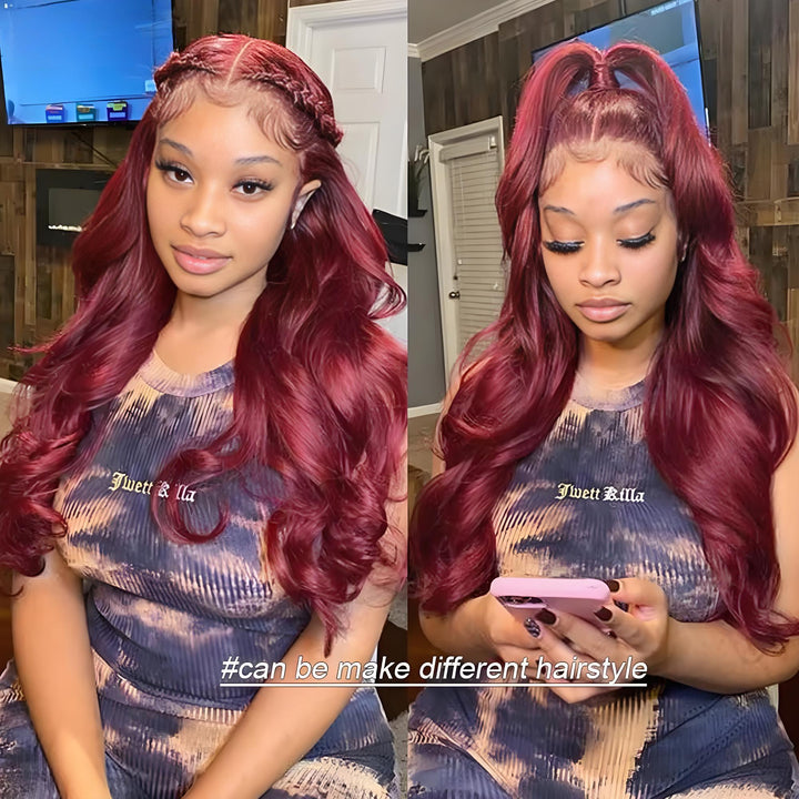 Full lace body wave wig in dark burgundy (99J) styled with braids and half-up ponytail, worn by model indoors.