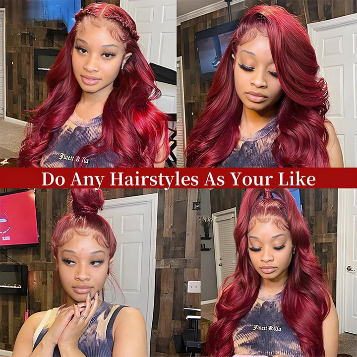 Collage of full lace body wave wig in dark burgundy (99J) showing multiple hairstyle options including braids, buns, and loose waves.