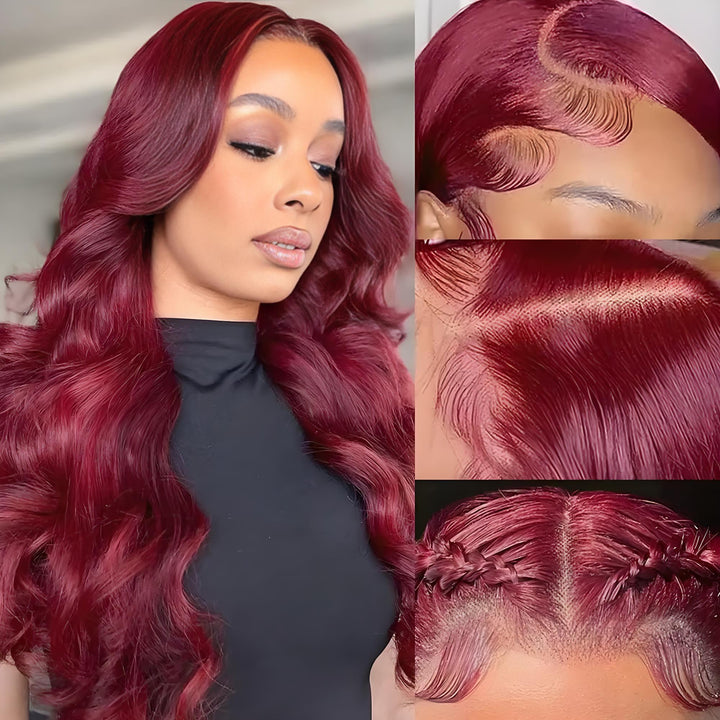 Close-up of model wearing full lace body wave wig in dark burgundy (99J), showing soft waves and natural hairline.