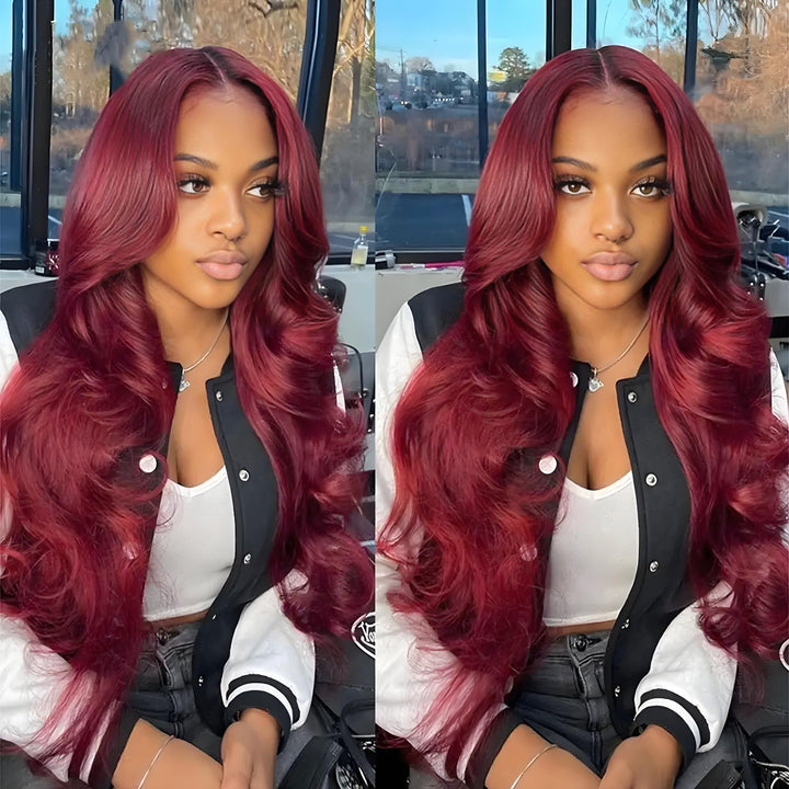 Two views of model wearing full lace body wave wig in dark burgundy (99J) with defined soft curls and middle part.