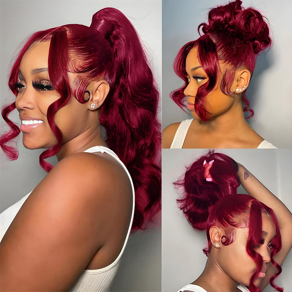 Full lace body wave wig in dark burgundy (99J) styled in high ponytail and bun variations with face-framing curls.