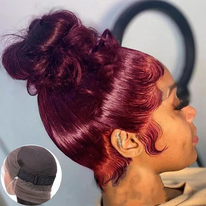 Full lace body wave wig in dark burgundy (99J) styled in elegant updo with baby hairs, showing lace cap details inset.