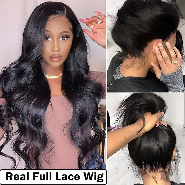 Close-up of defined wave pattern on natural color full lace body wave wig, highlighting bounce and softness.