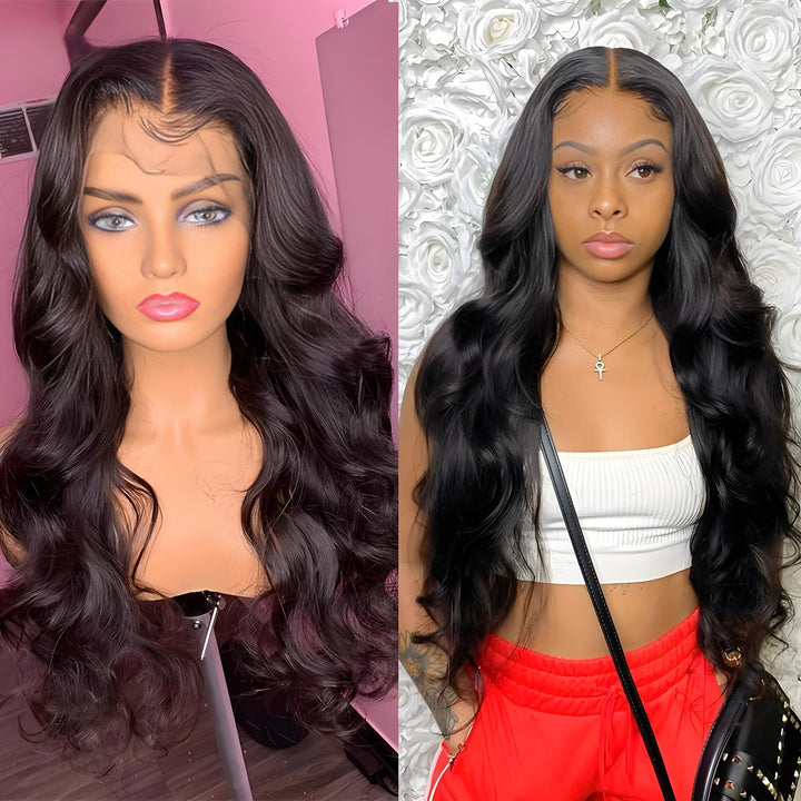 Front and back views of natural color full lace body wave wig, showing full volume and elegant waves.