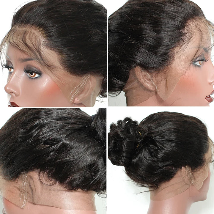 Close-up of natural hairline on full lace body wave wig in natural color, showing realistic baby hairs.