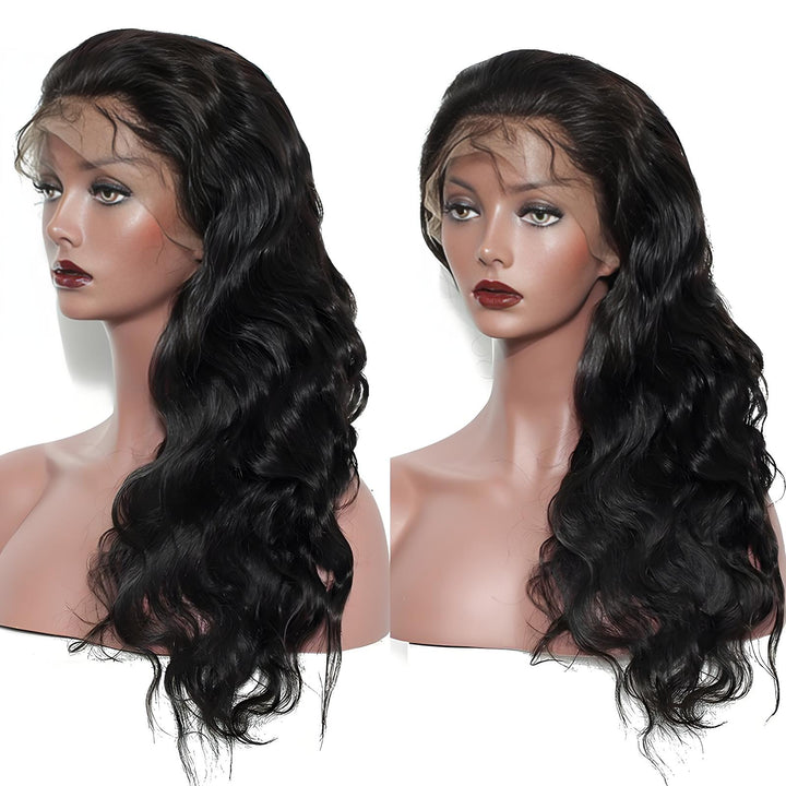 Model wearing natural color full lace body wave wig, styled with soft waves for a natural, voluminous look.