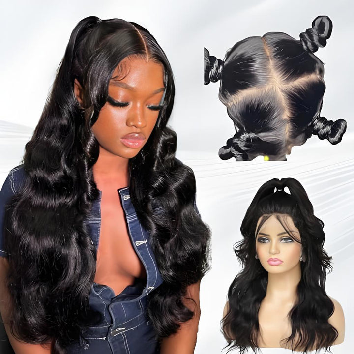 Side profile of natural color full lace body wave wig, showcasing soft waves and realistic hairline.